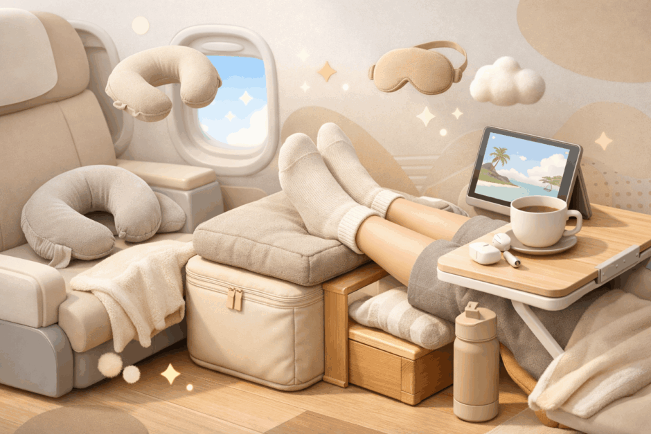 家にあるアレで飛行機フットレストの代用！むくみ撃退アイデア