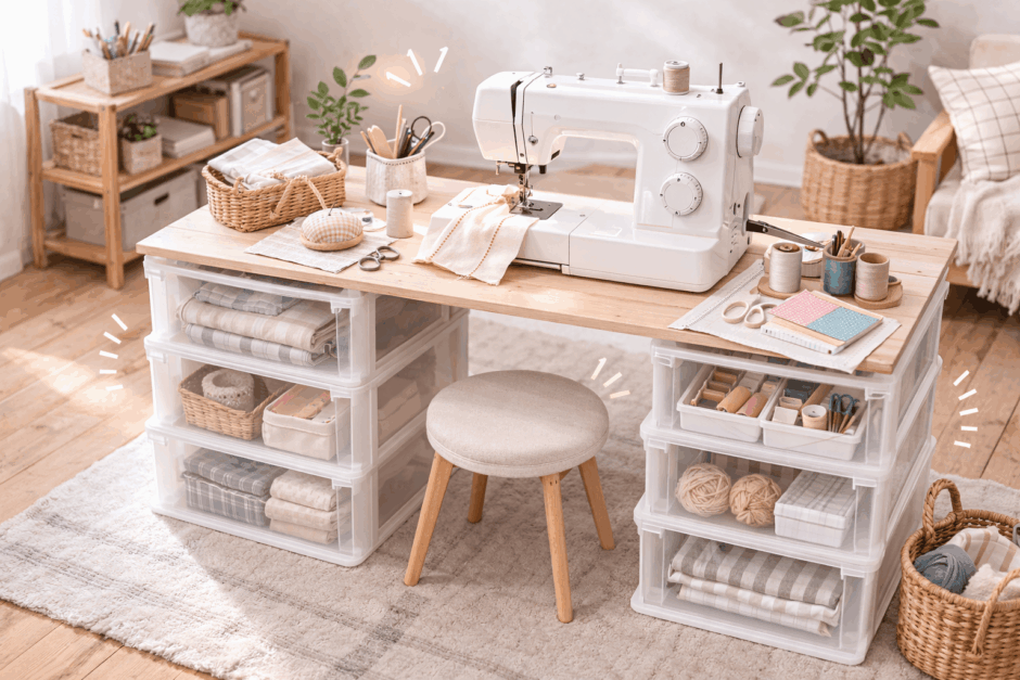 家にある机でミシン台の代用！0円で快適に縫うDIYハック