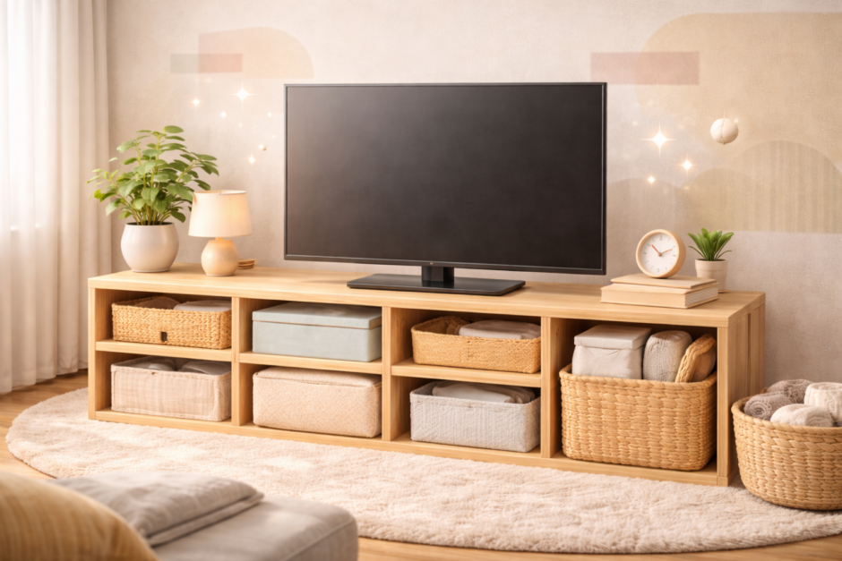 家にある無印家具でテレビ台代用！部屋が広くなる裏技